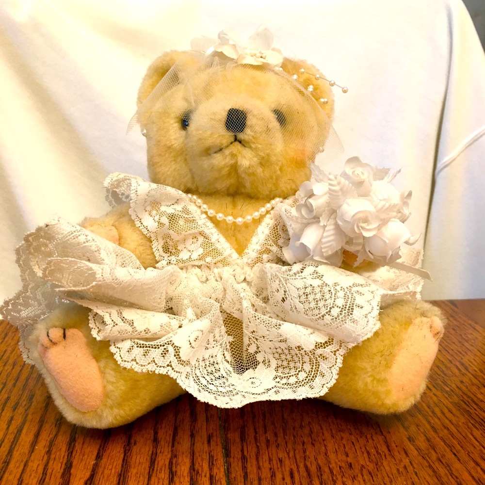 Vintage hand decorated wedding bear with movable joints